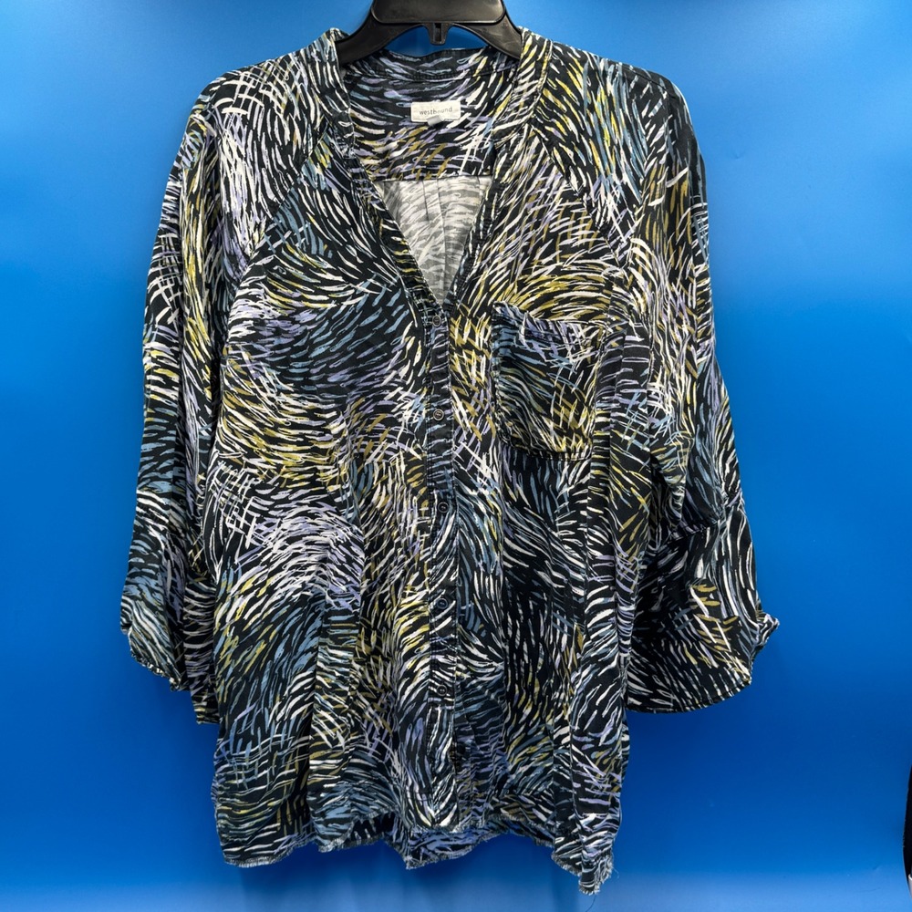 Westbound Women XL Abstract Brushstroke Button Up Tencel Lyocell Black Yellow